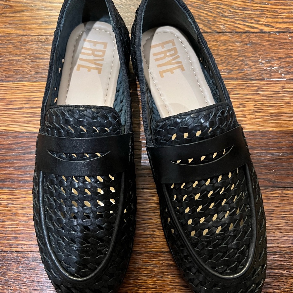 Frye Black Woven Leather Penny Loafers